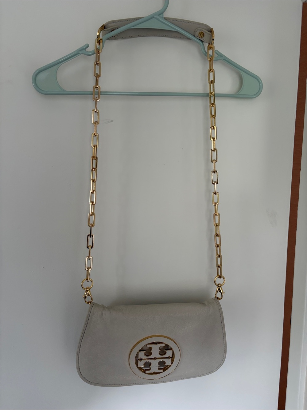 Tory Burch Cream Leather Crossbody with Gold Chain Logo